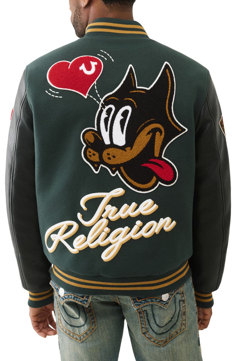 True Religion Cat Varsity Jacket, Alternate, color, Green Gables / Jet Black
