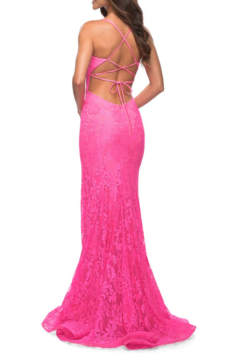 Neon Lace Prom Gown With Sheer Bodice and Tie Up Back, Alternate, color, NEON PINK