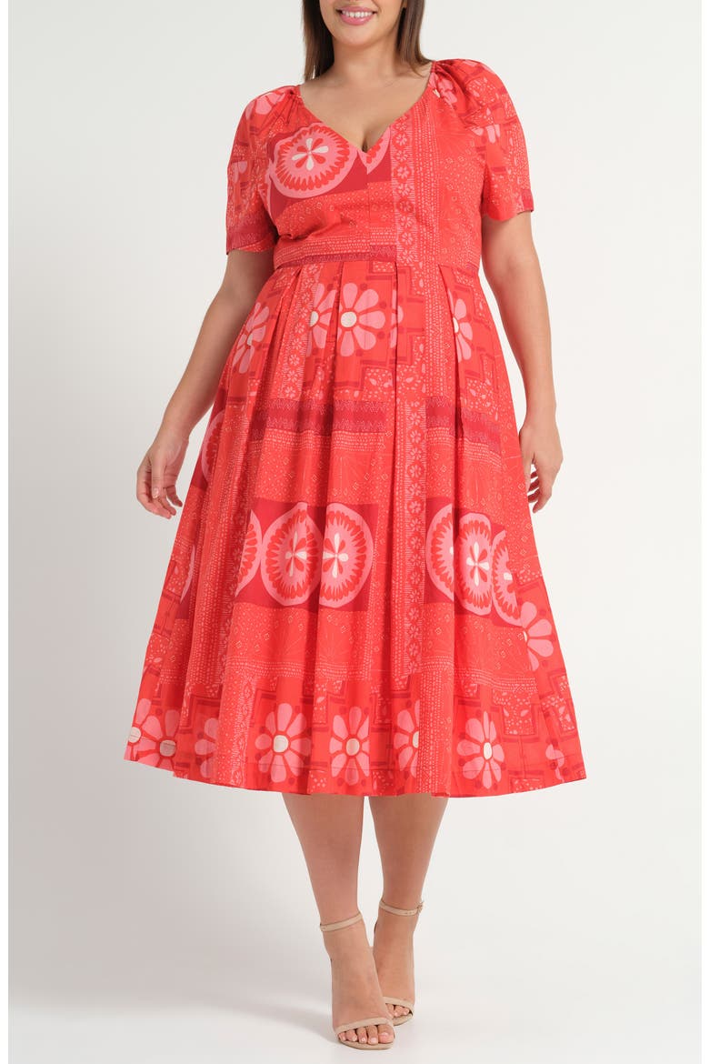 Amity Pleated Puff Sleeve Cotton Fit & Flare Dress, Main, color, CRIMSON TILE