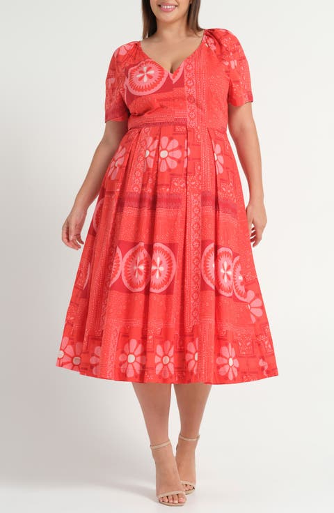 Amity Pleated Puff Sleeve Cotton Fit & Flare Dress (Plus)