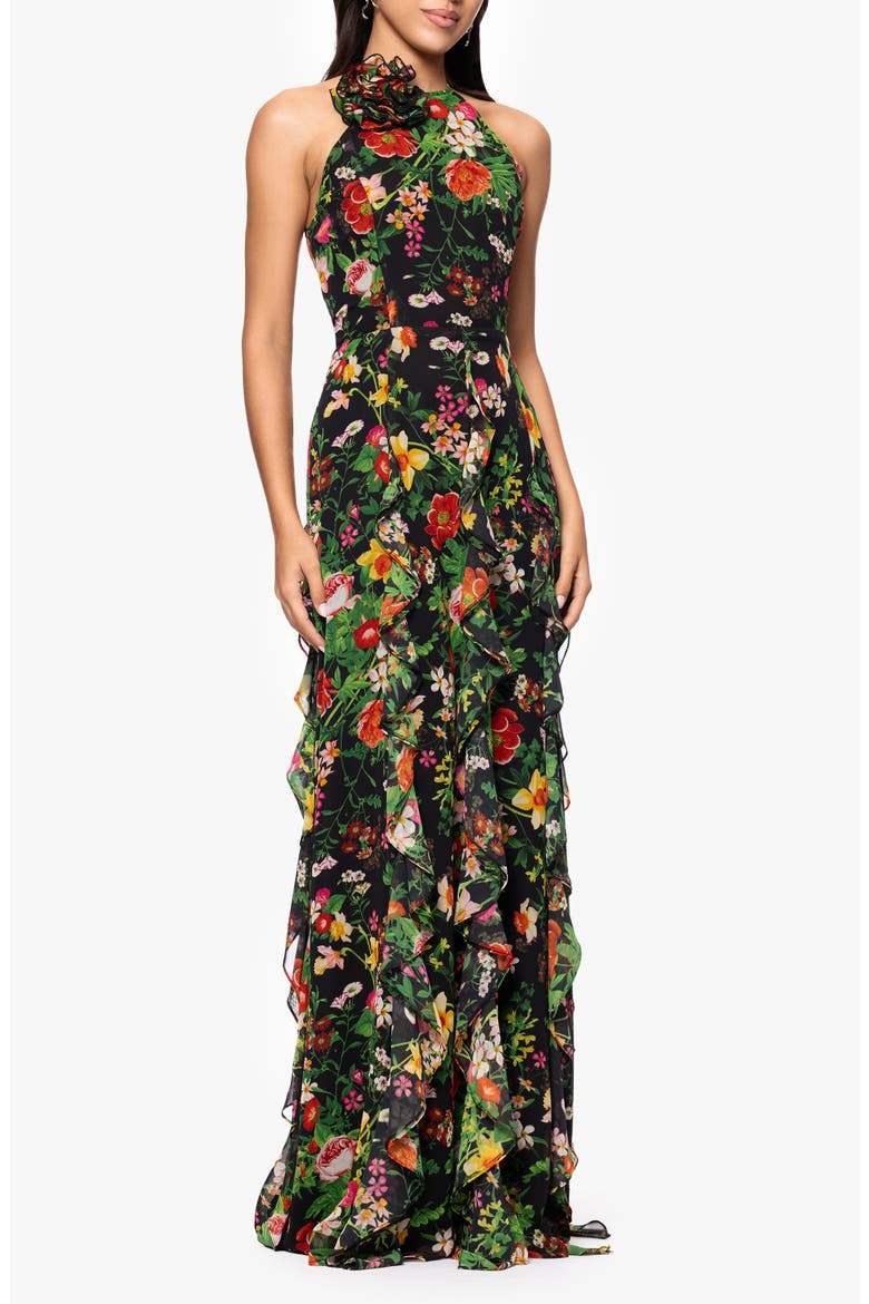 Floral Halter Neck Gown, Alternate, color, BLACK/ RED