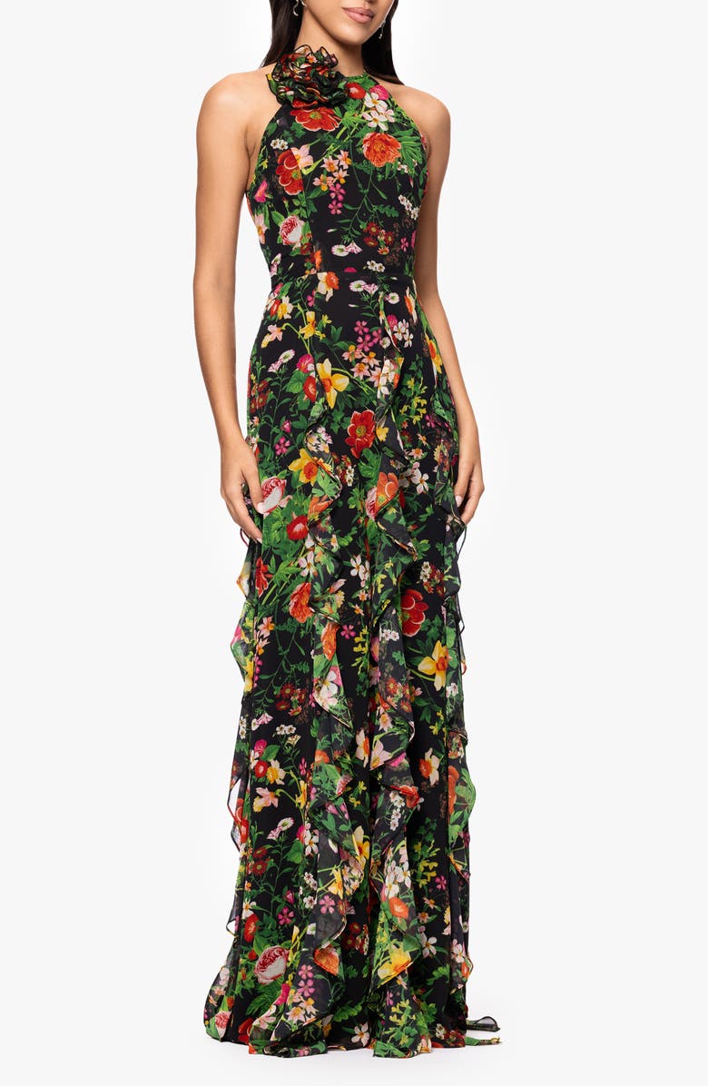 Betsy & Adam Floral Halter Neck Gown, Alternate, color, Black/ Red