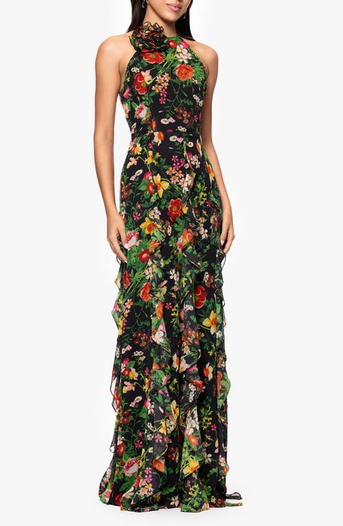 Shop Betsy & Adam Floral Halter Neck Gown In Black/red