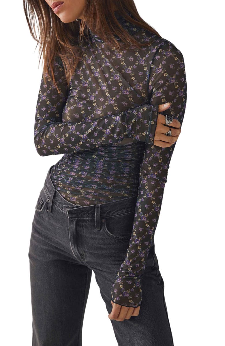 Free People Under It All Ruched Mesh Turtleneck Bodysuit, Main, color,