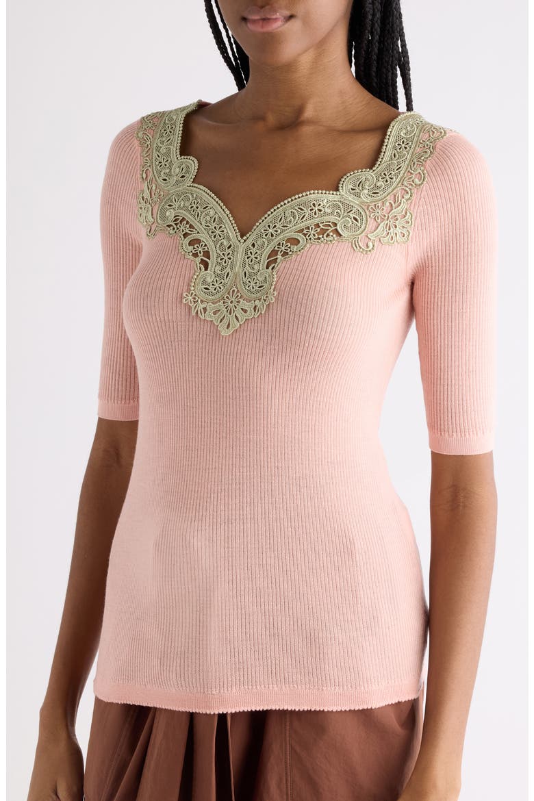 Lace Trim Rib Wool Sweater, Alternate, color, TENDER PINK