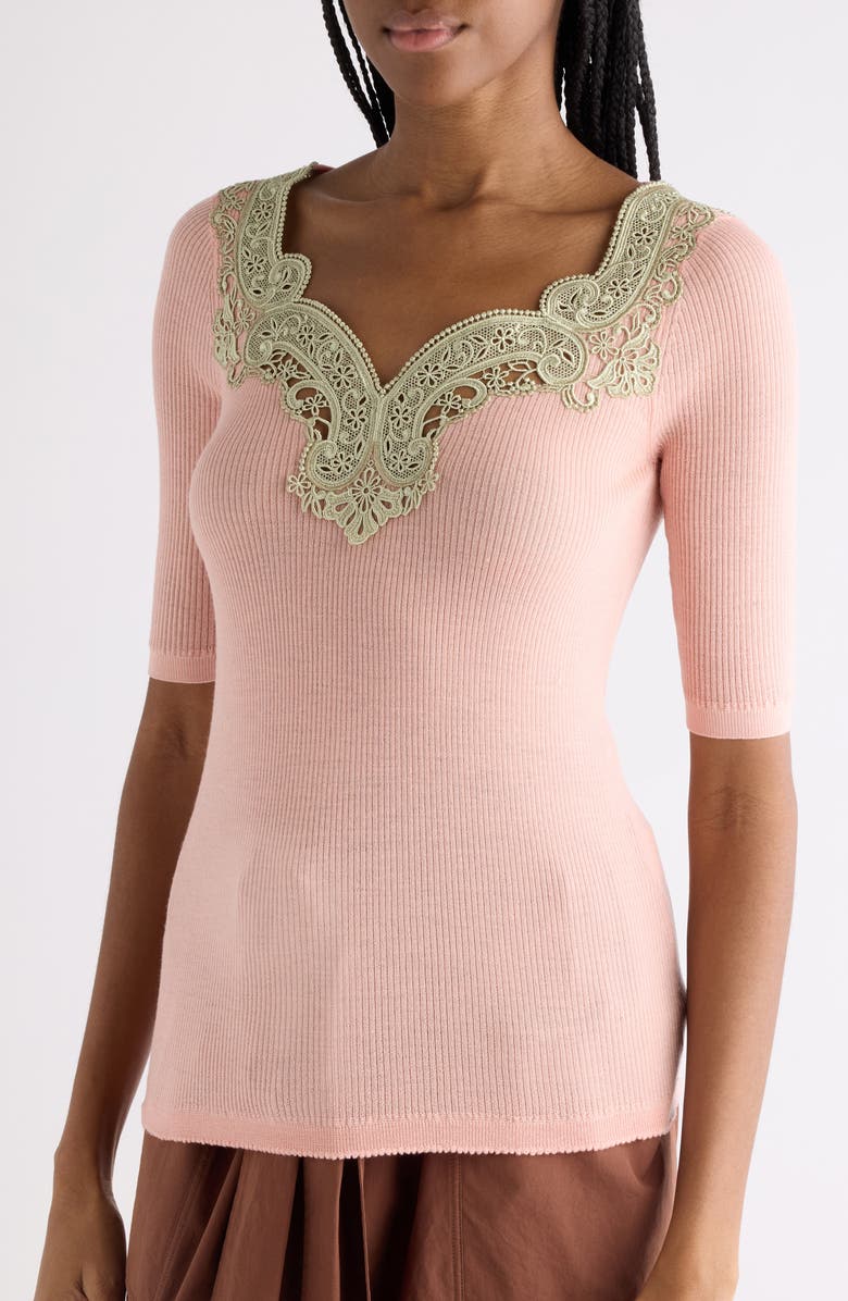 Chloé Lace Trim Rib Wool Sweater, Alternate, color, Tender Pink