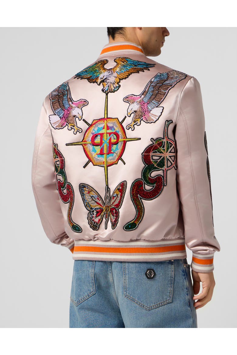 Shiny Satin Bomber Tattoo Patches Strass Men, Alternate, color, beige