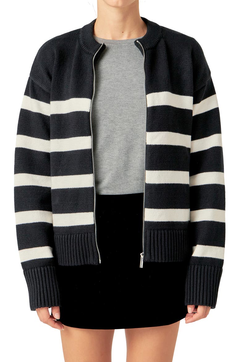 Stripe Zip-Up Cardigan, Alternate, color, BLACK/ IVORY