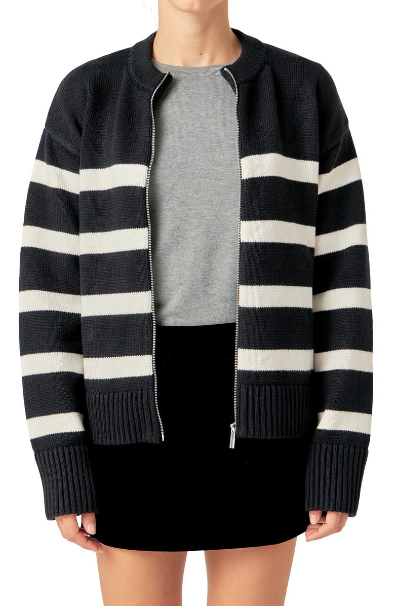 English Factory Stripe Zip-Up Cardigan, Alternate, color, Black/ Ivory