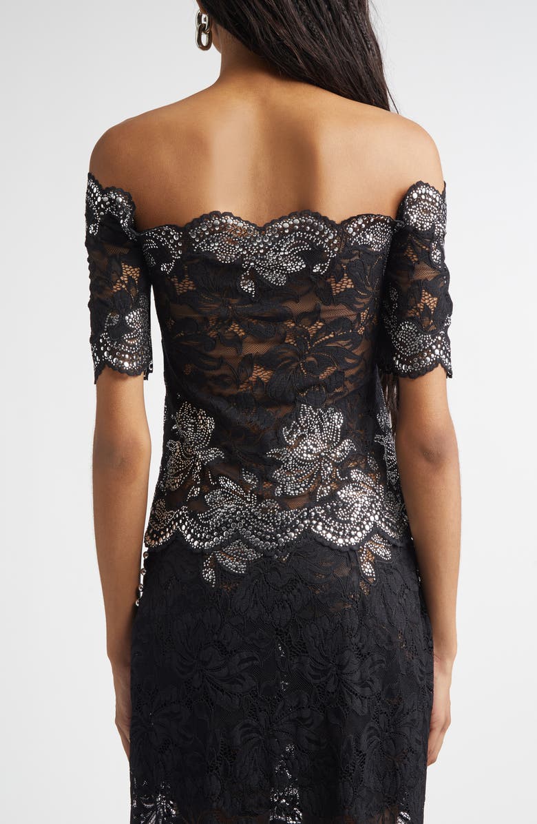 Rabanne Stud Embellished Off the Shoulder Lace Top, Alternate, color, Black