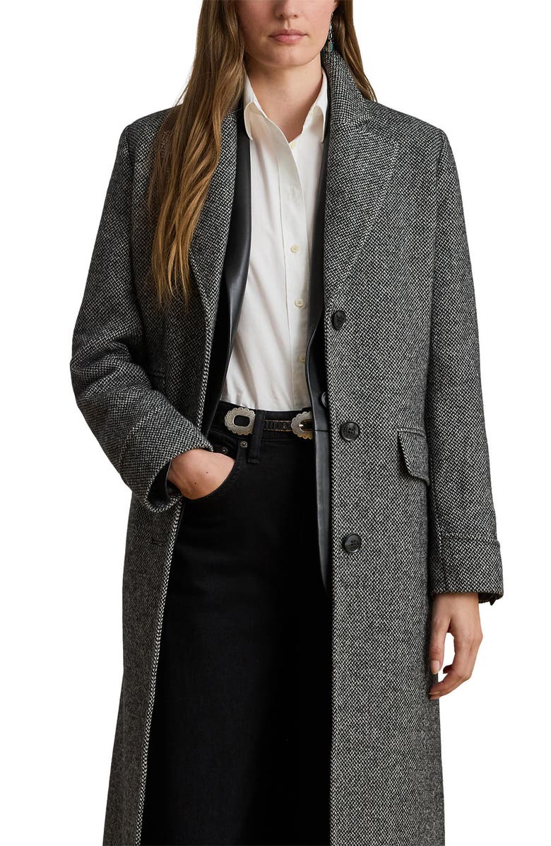 Lauren Ralph Lauren Longline Herringbone Wool Blend Reefer Coat, Alternate, color, Black/ Cream Broken Twill
