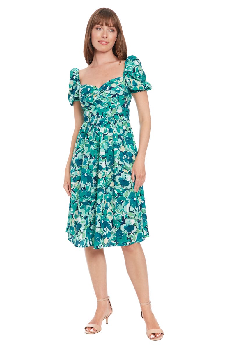 London Times Floral Puff Sleeve Twist Front Midi Dress, Alternate, color,