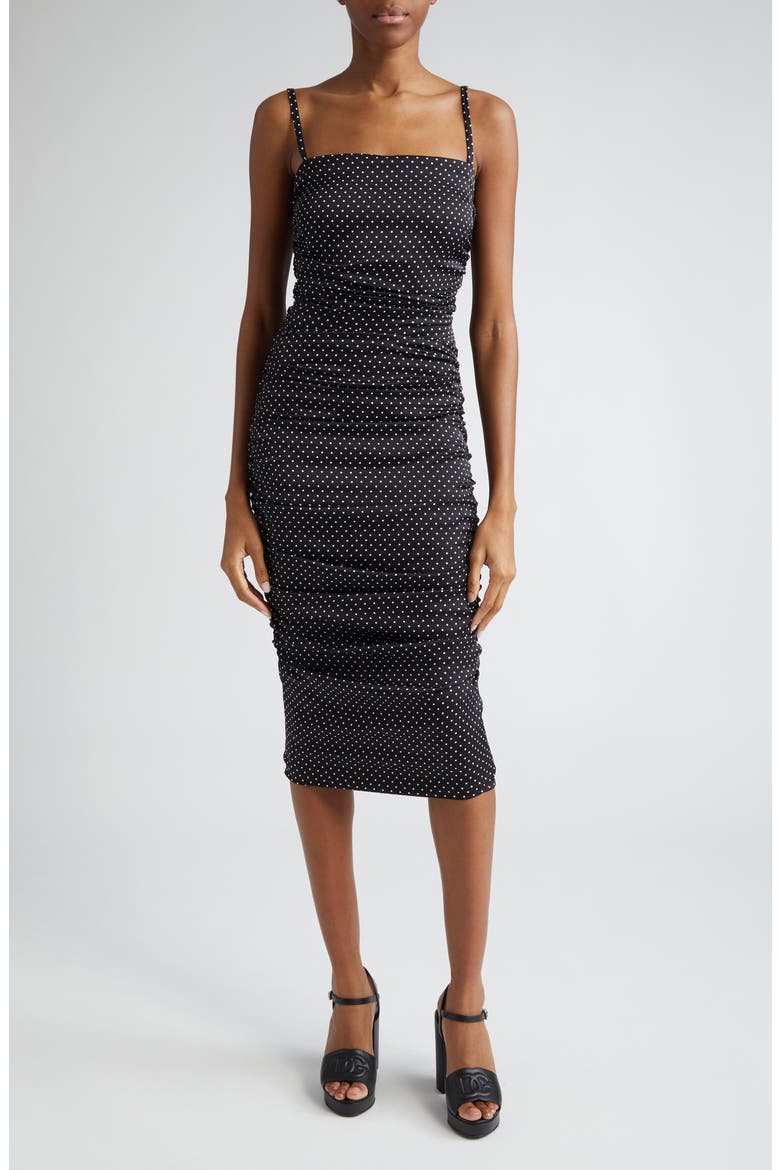 Polka Dot Ruched Charmeuse Sheath Dress, Main, color, BIANCO/ NERO