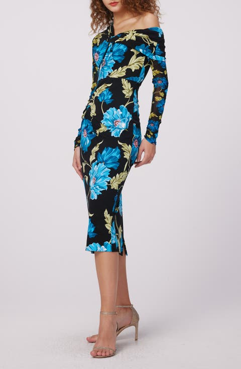 Rich Floral Asymmetric Neck Long Sleeve Midi Dress