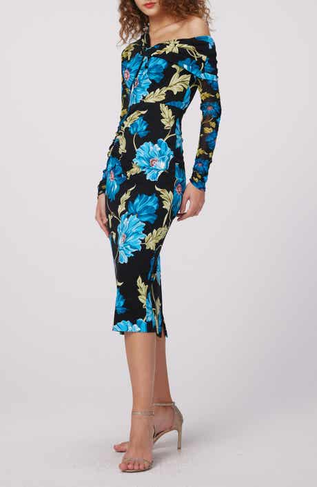 DVF Rich Floral Asymmetric Neck Long Sleeve Midi Dress