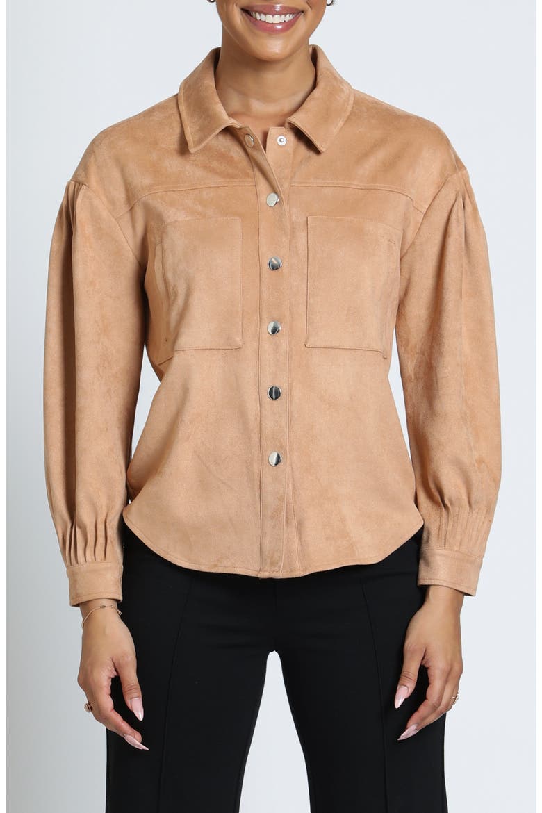 Pleated Sleeve Faux Suede Shirt Jacket, Main, color, CARAMEL