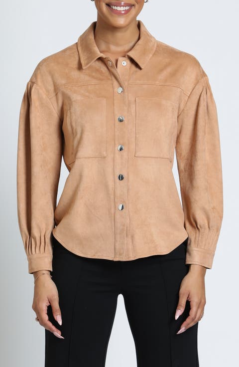Pleated Sleeve Faux Suede Shirt Jacket