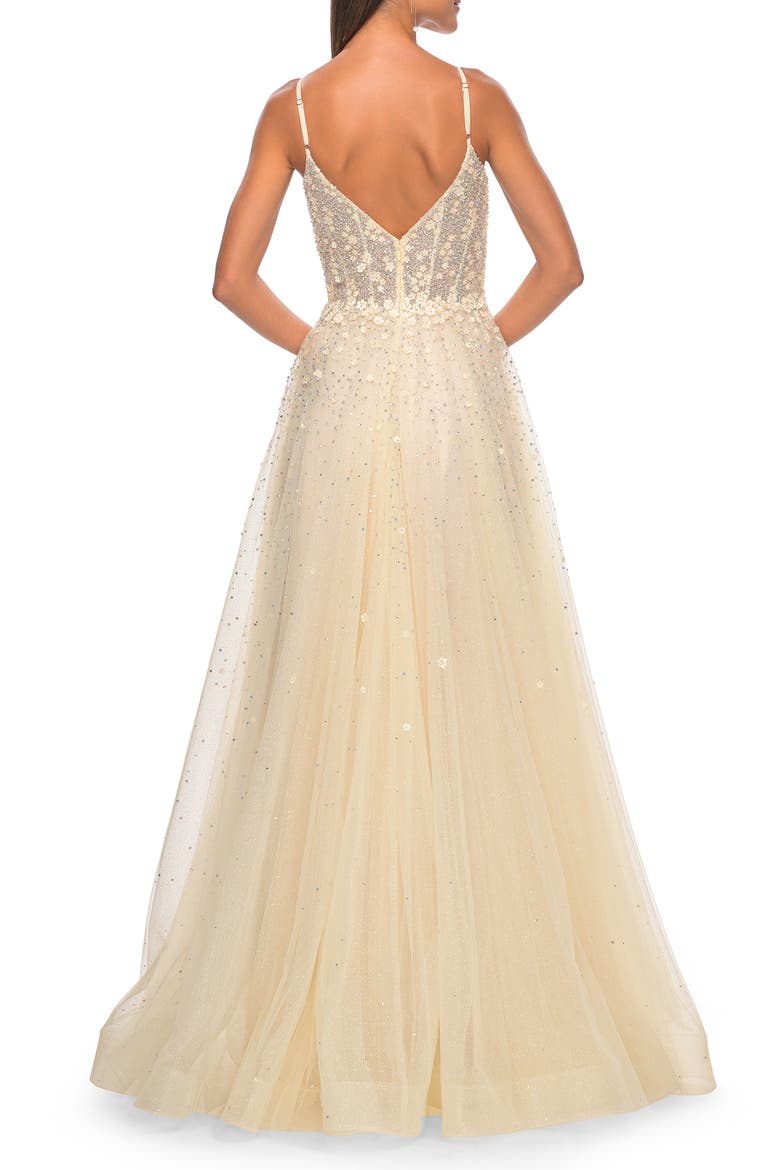 A-Line Tulle Gown with Unique Floral and Rhinestone Details, Alternate, color, Pale Yellow