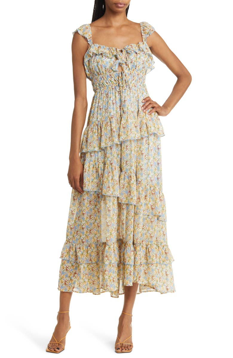 FLORET STUDIOS Floral Ruffle Tiered Chiffon Dress, Main, color,