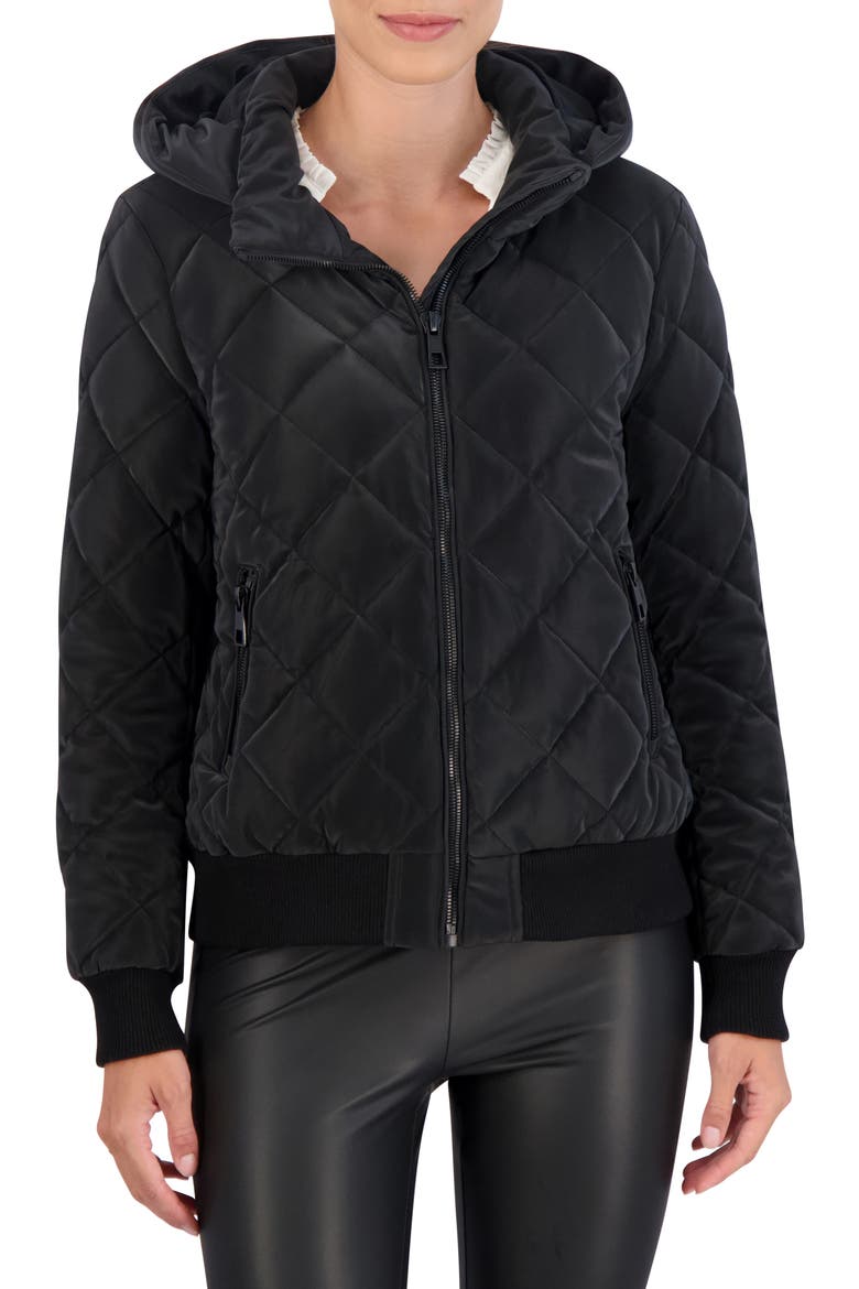 Water Resistant Hooded Quilted Bomber Jacket, Main, color, BLACK