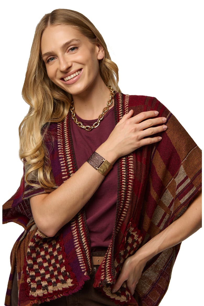 Plaid Topper, Alternate, color, BEIGE/BURGUNDY