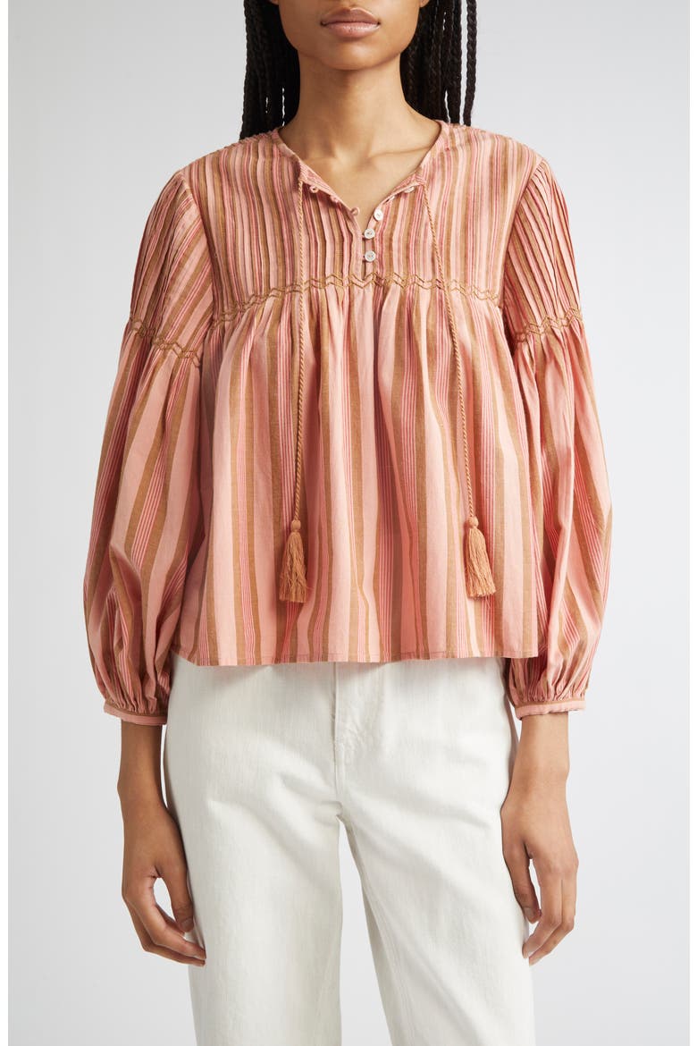 Vivienne Cototn Gingham Peasant Top, Main, color, SANTA FE STRIPE