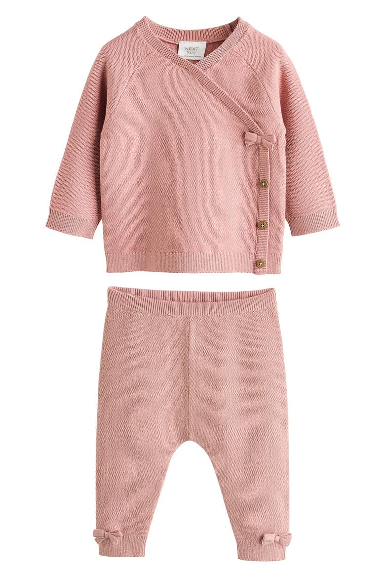 Bow Detail Knit Wrap Top & Pants Set, Main, color, PINK