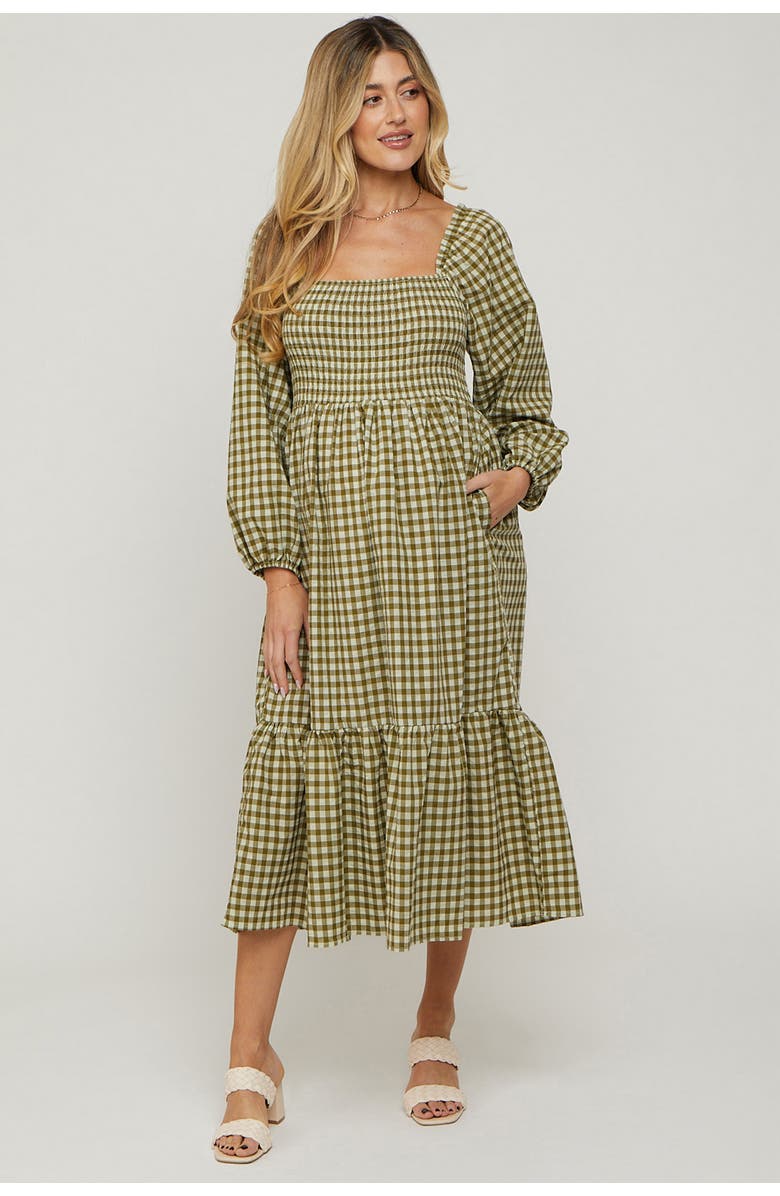 PinkBlush Gingham Long Sleeve Midi Dress, Main, color, Olive Green