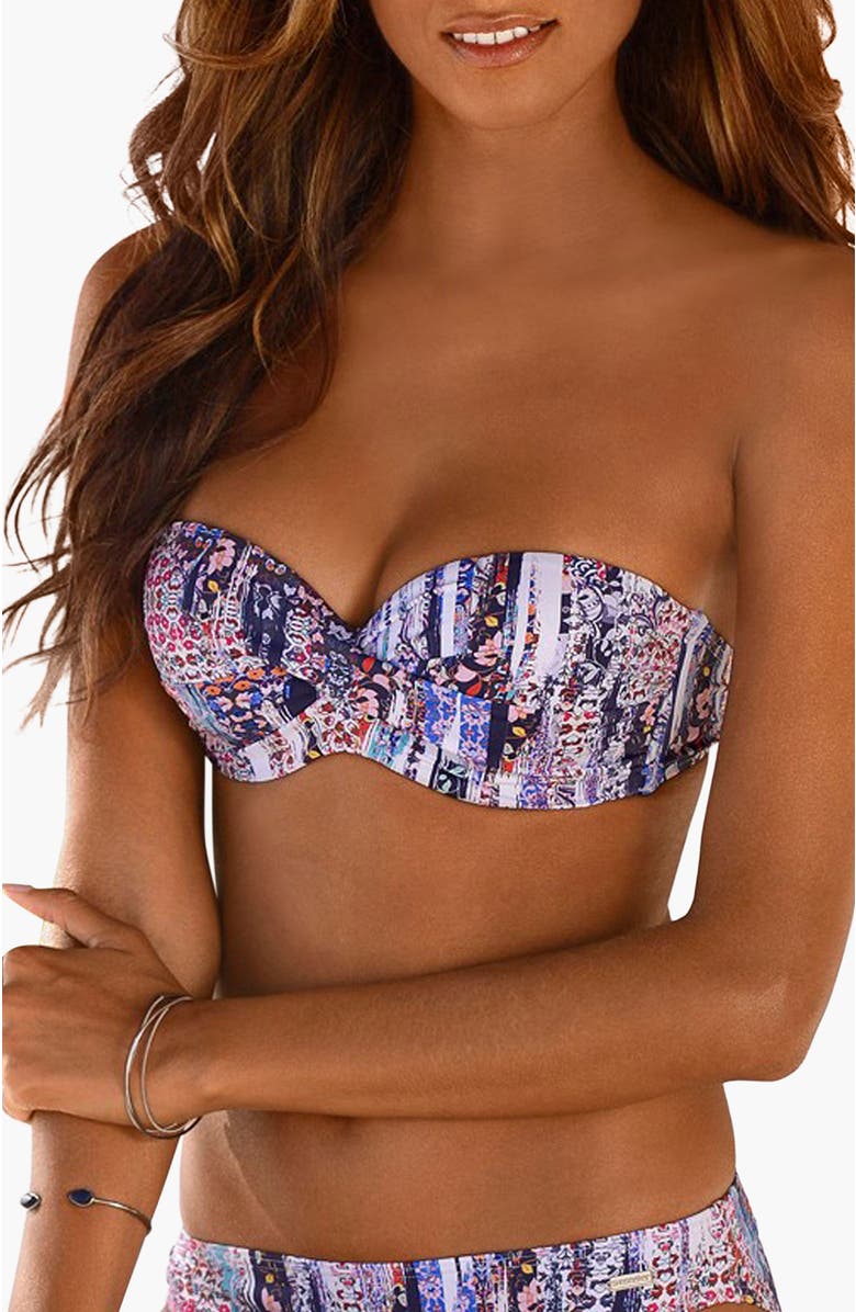 LASCANA Wire Bandeau Bikini Top Size 40DD, Main, color, Dark Blue Multi
