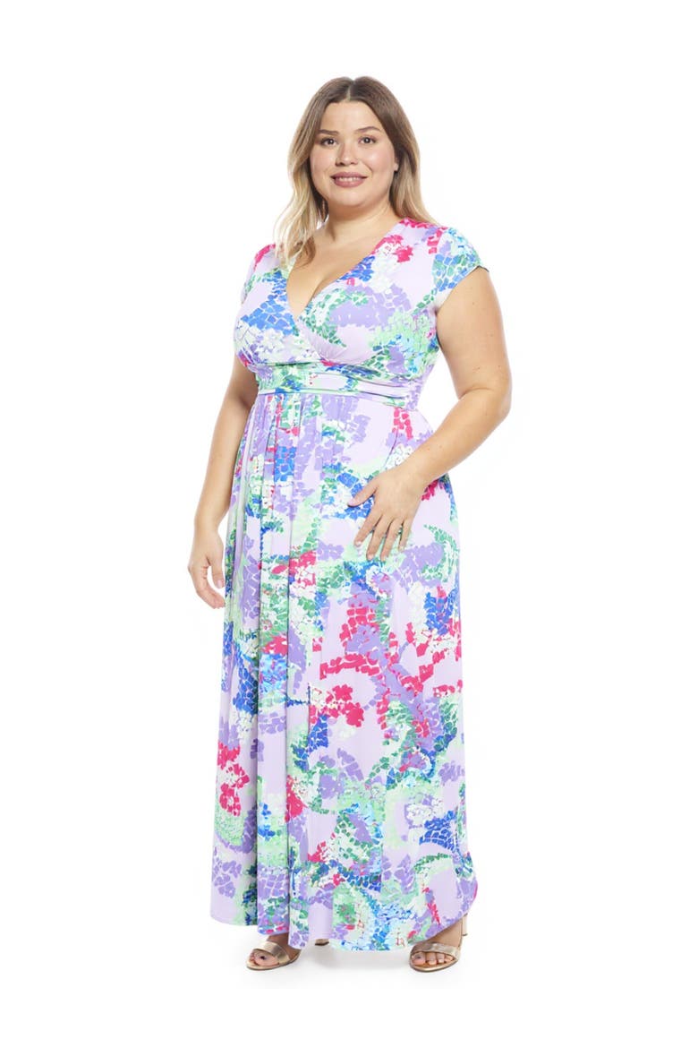 Plus Size Abstract V-Neck Cap Sleeve Side Slit Pocket A-Line Maxi Dress, Alternate, color, Purple Multi
