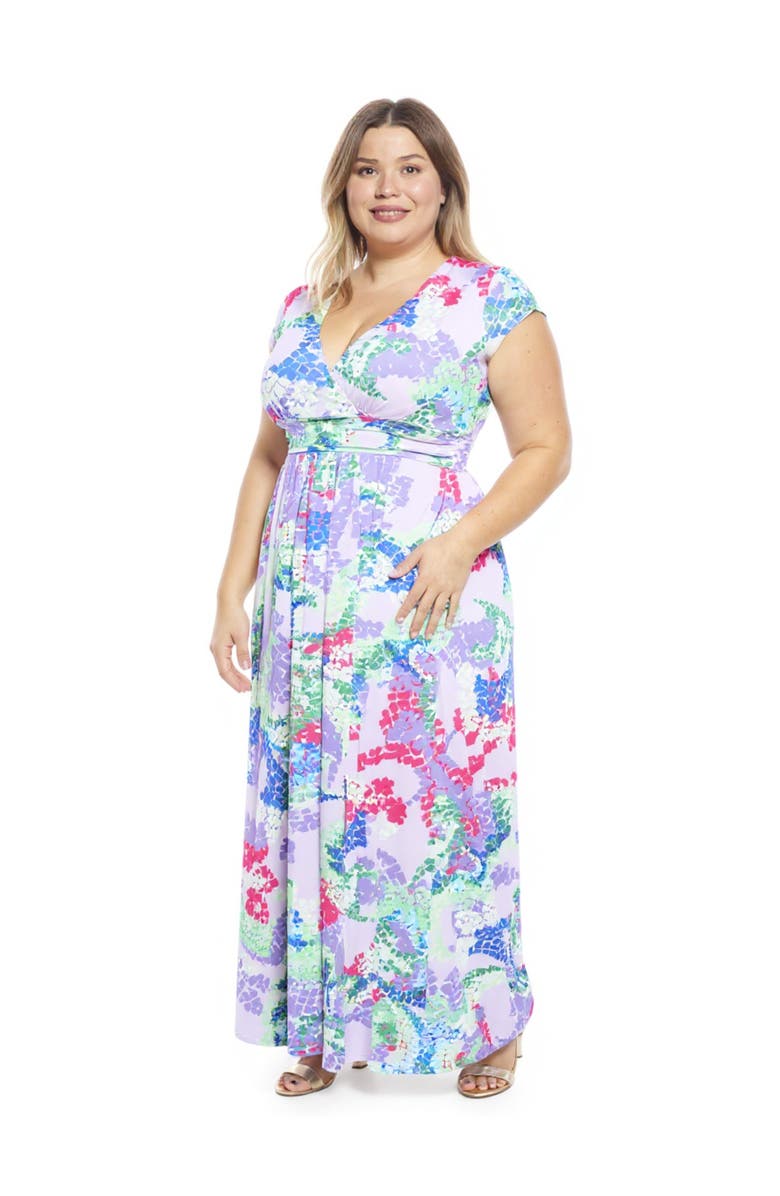 24seven Comfort Apparel Plus Size Abstract V-Neck Cap Sleeve Side Slit Pocket A-Line Maxi Dress, Alternate, color, Purple Multi