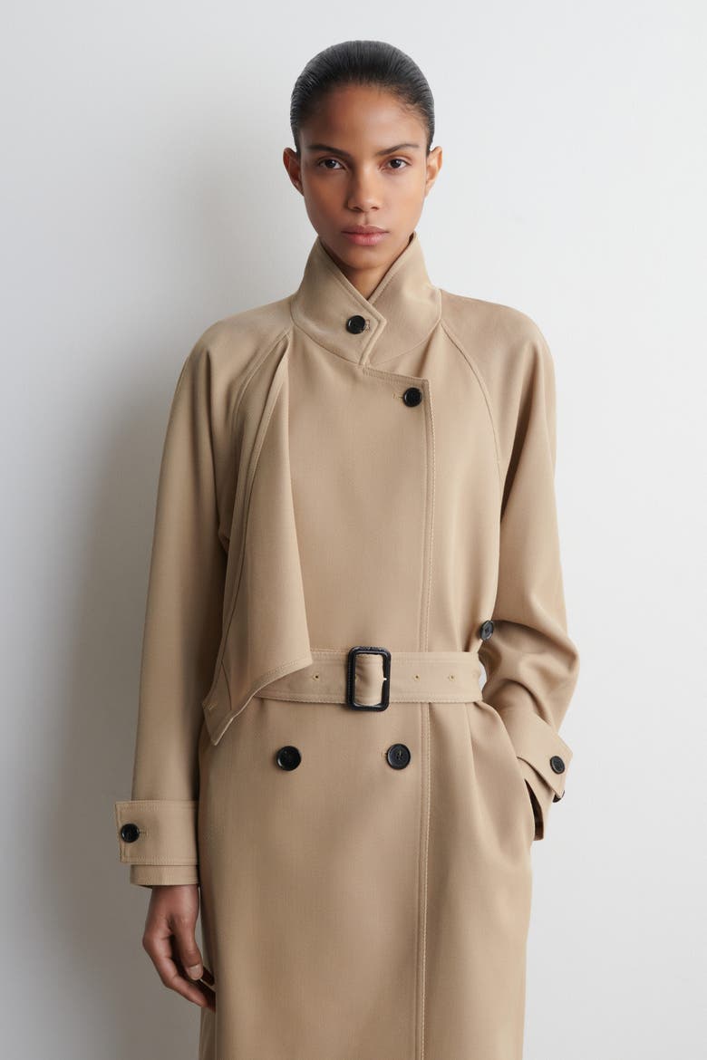 Wrap-Over Wool-Twill Trench Coat, Alternate, color, BEIGE