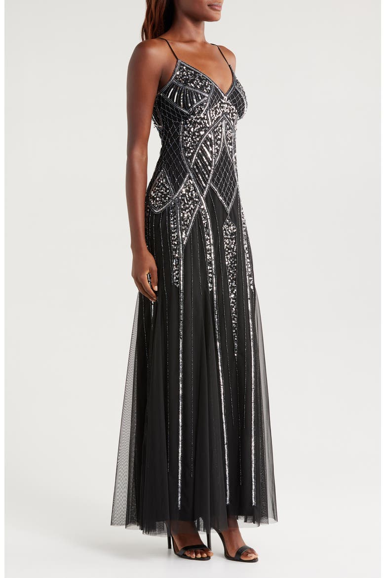 Embellished V-Neck Gown, Alternate, color, BLACK