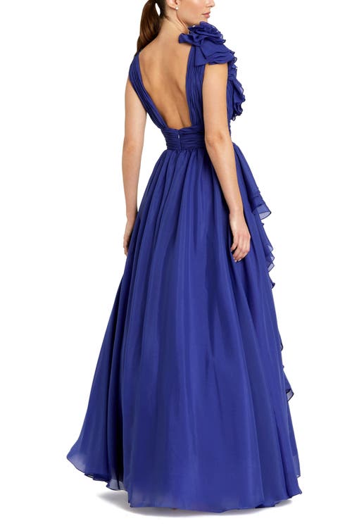 Mac Duggal Ruffle Detail Ruched Chiffon Ballgown In Cobalt