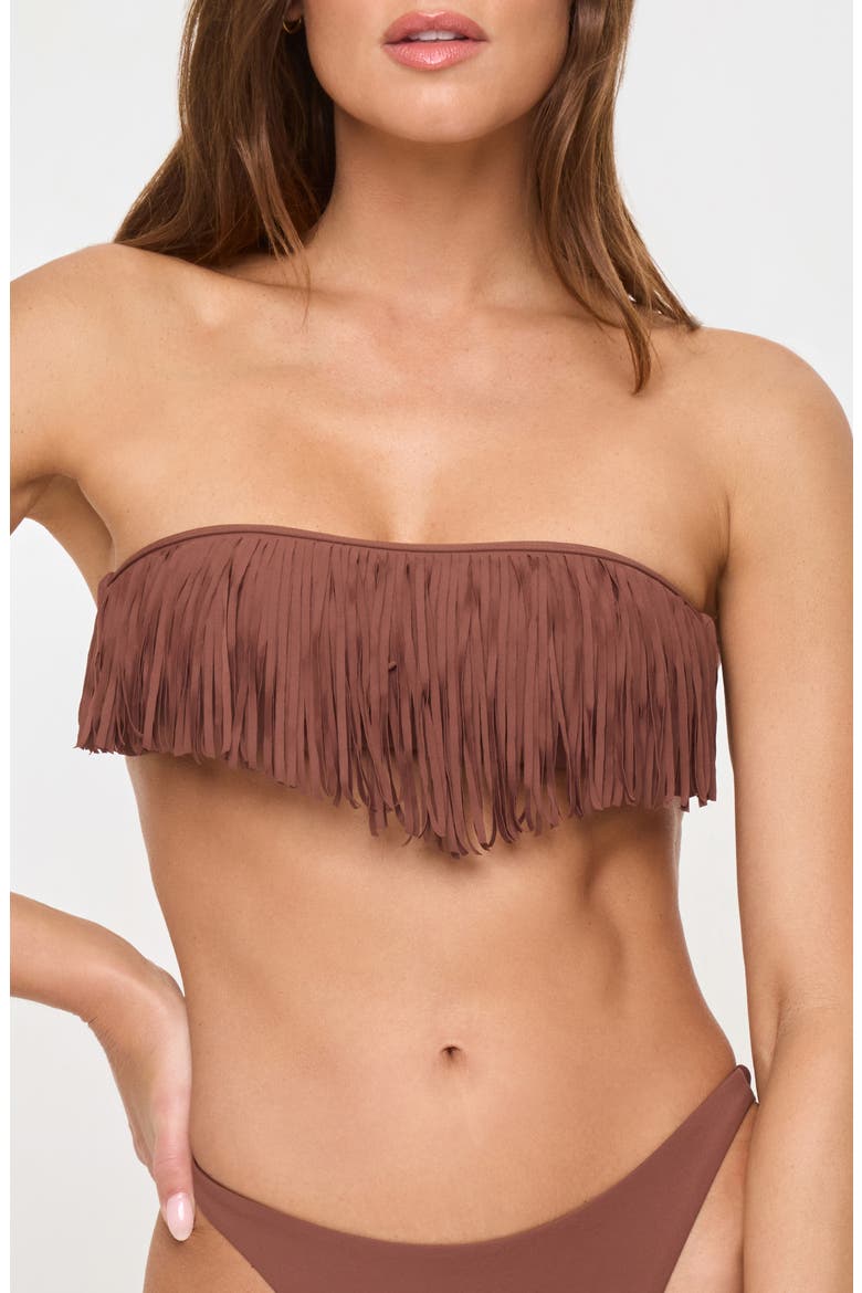 Dixie Fringe Strapless Bikini Top, Main, color, CAFE