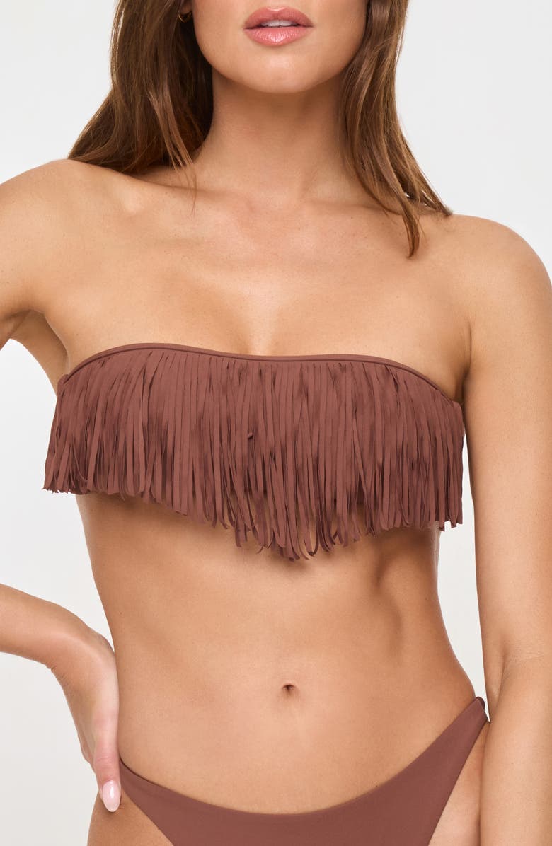 LSPACE Dixie Fringe Strapless Bikini Top, Main, color, Cafe