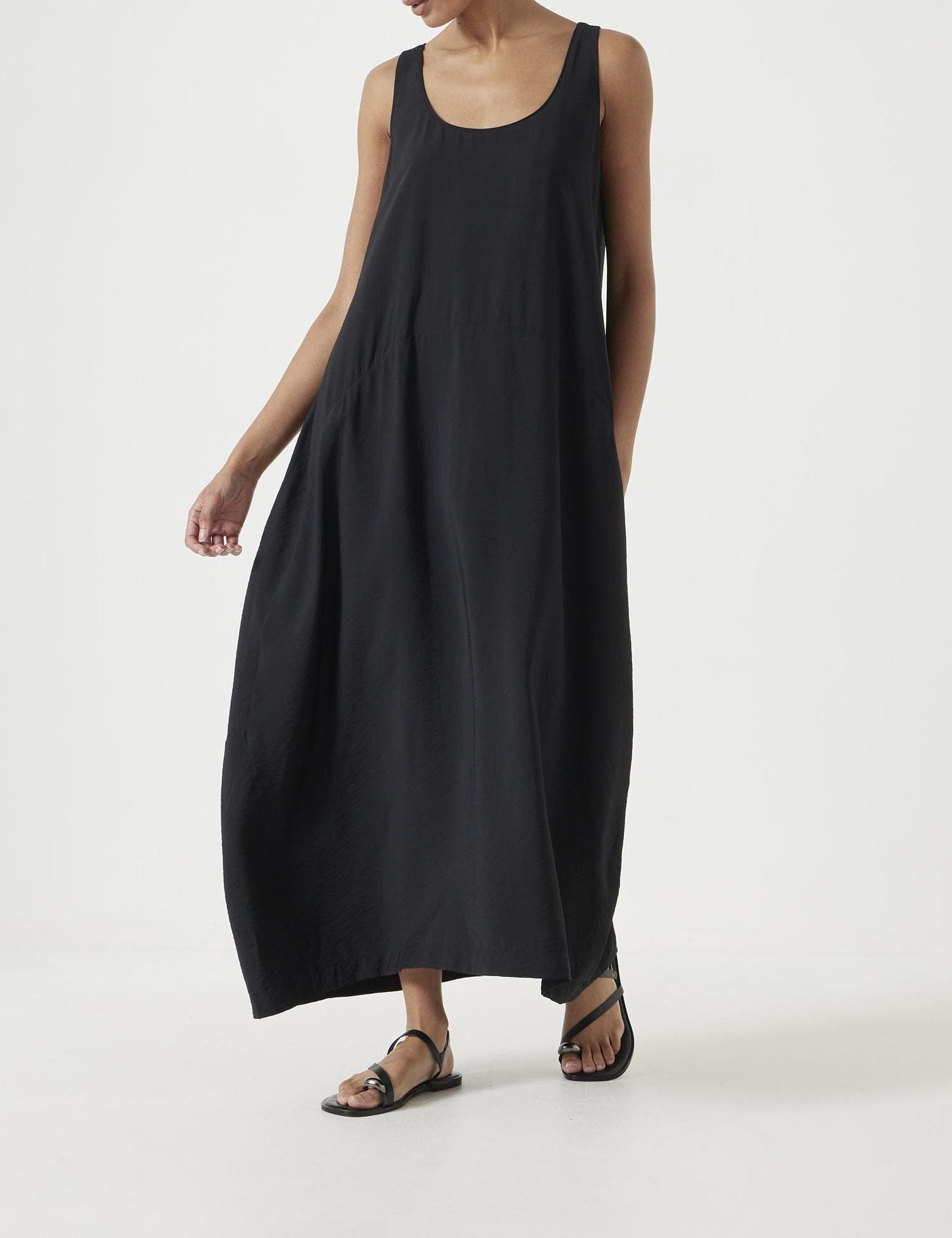 black tank maxi dress ASOS DESIGN ribbed with poplin skirt and asymmetric waist seam in 51.5 FABRIC Women's Crew Neck Sleeveless Flowy