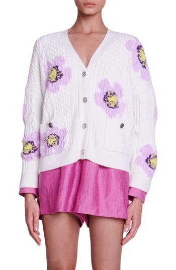 Maje Floral-intarsia Cable-knit Cardigan In Sand