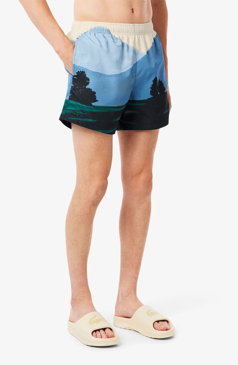 Lacoste Landscape Print Swim Trunks, Main, color, Sinople/Yellow