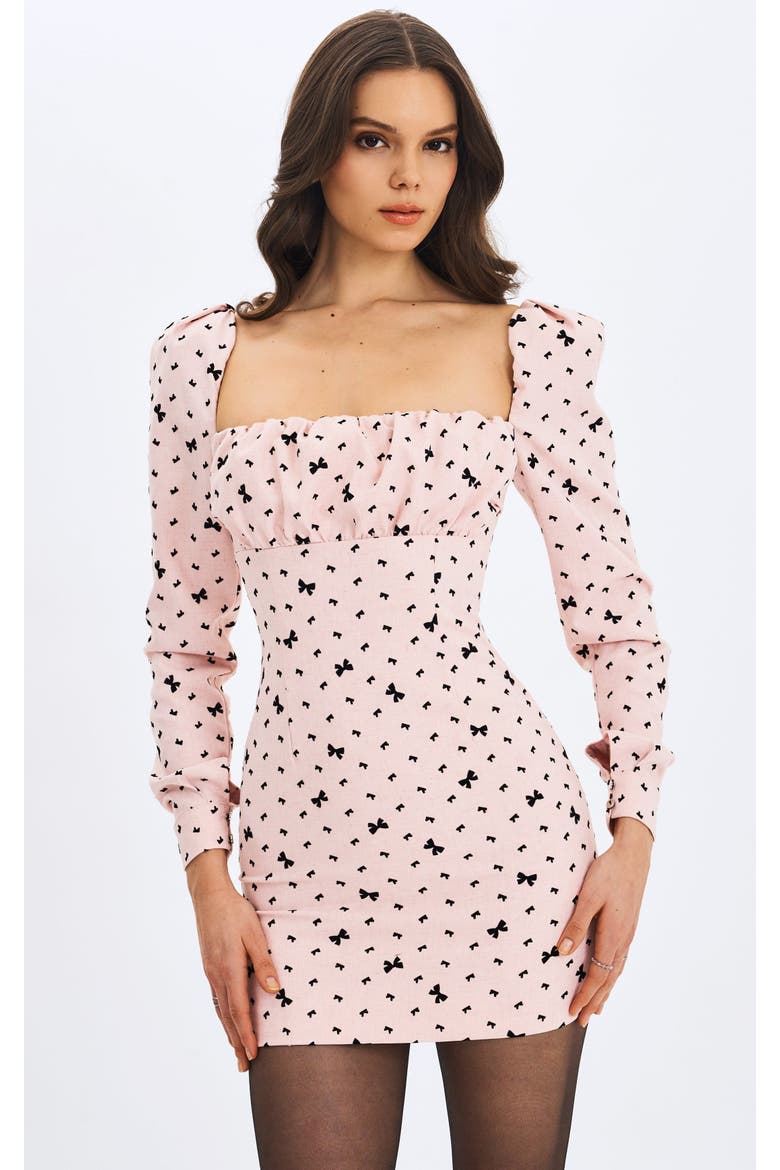 Perla Ruched Bust Velvet-Embossed Bow Mini Dress, Main, color, Baby Pink
