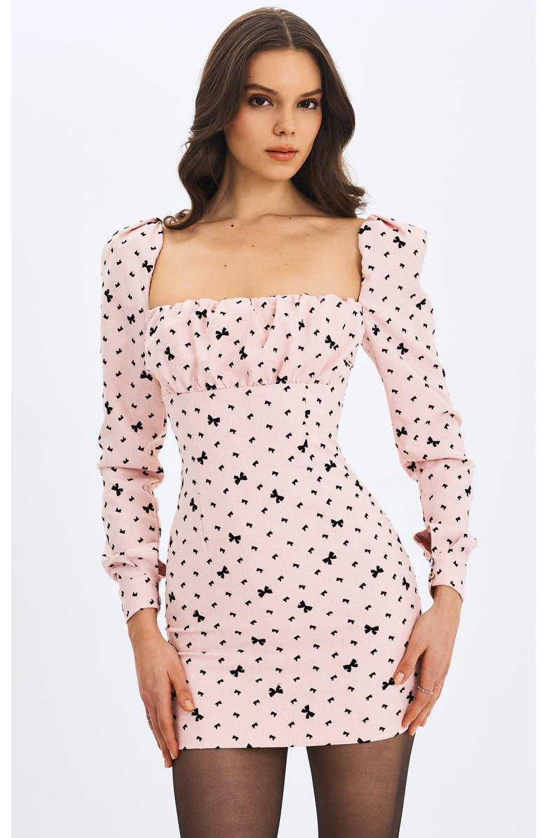 Miss Circle Perla Ruched Bust Velvet-Embossed Bow Mini Dress, Main, color, Baby Pink