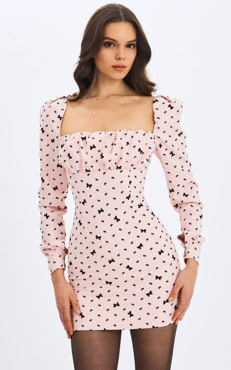 Perla Ruched Bust Velvet-Embossed Bow Mini Dress