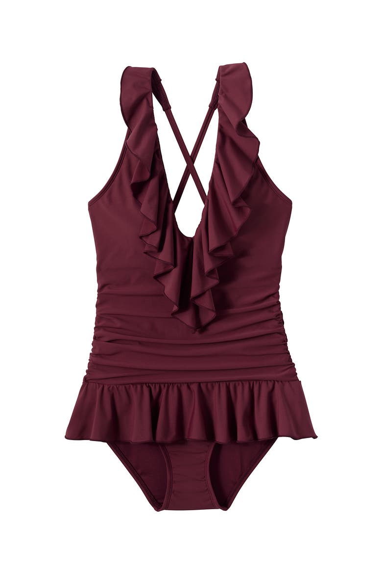 Ruffle Plunge Skirted High Leg One Piece, Alternate, color, Burgundy Spritz