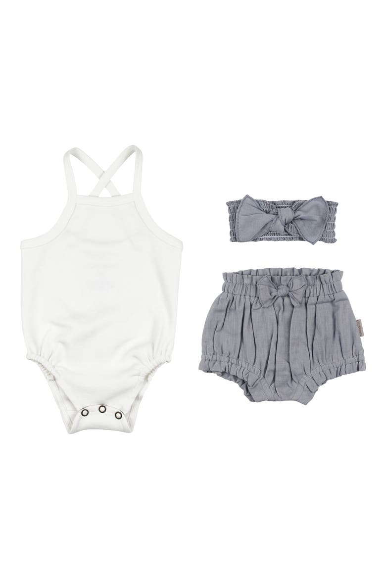 Organic Cotton Bodysuit, Bloomers & Headband Set, Main, color, BLUEBERRY