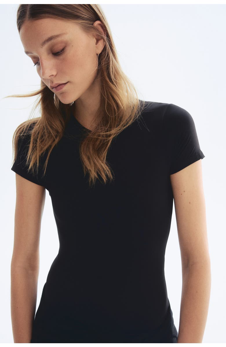 H&M Short-sleeved microfiber bodysuit, Main, color, Black