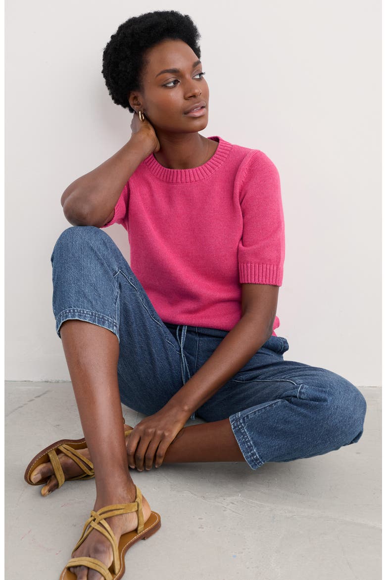 Studio Short Sleeve Organic Cotton Crewneck Sweater, Alternate, color, KNIT MELANGE TULIP