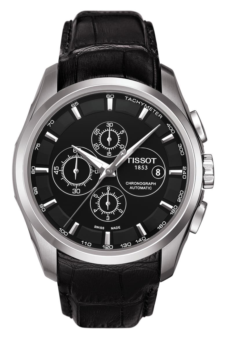 Couturier Automatic Chronograph Leather Strap Watch, 43mm, Main, color, BLACK/ SILVER