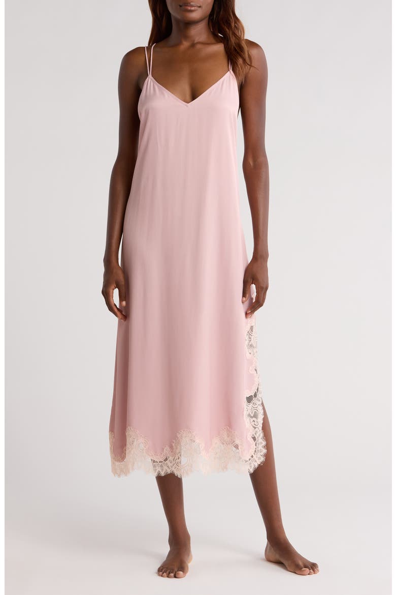 Midnight Lace Trim Satin Chemise, Main, color, PINK PUFF