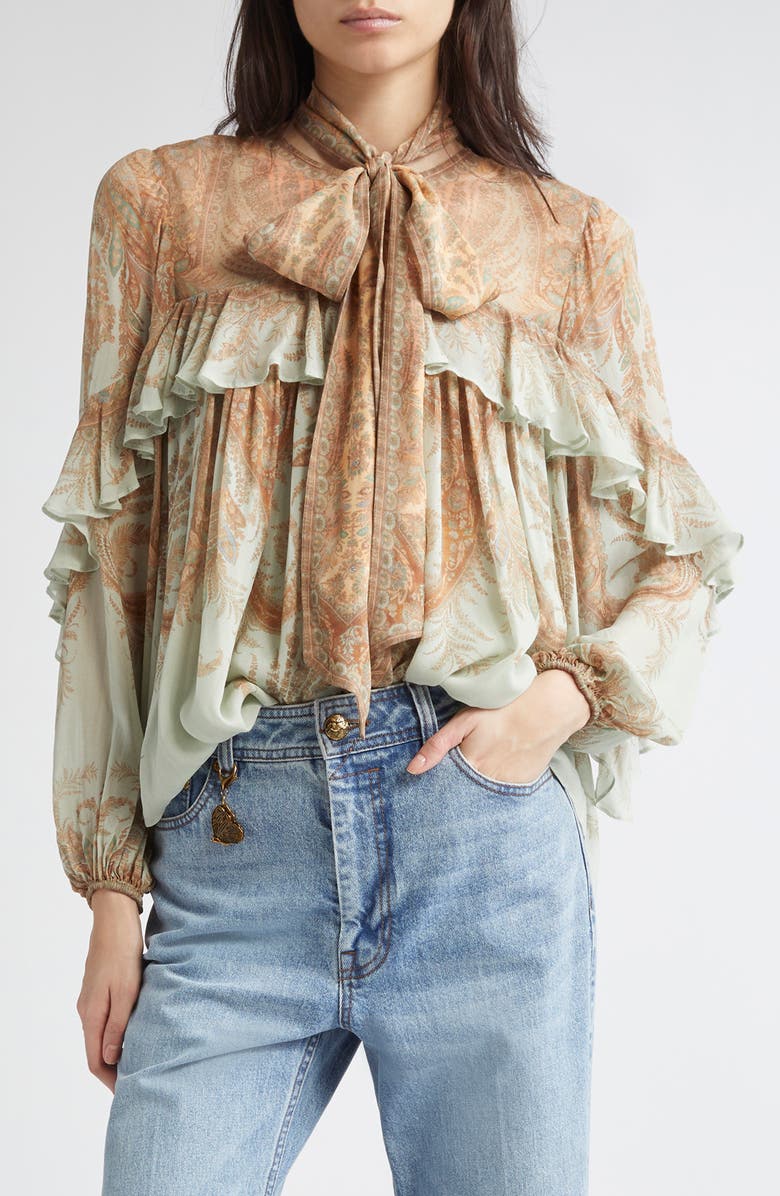 Zimmermann Memento Flutter Paisley Pussy Bow Top, Main, color, Mint Paisley