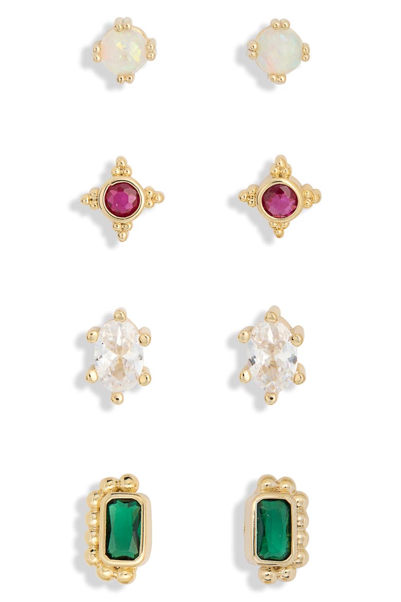 Set of 4 Cubic Zirconia Geometric Stud Earrings, Alternate, color, GREEN MULTI- GOLD